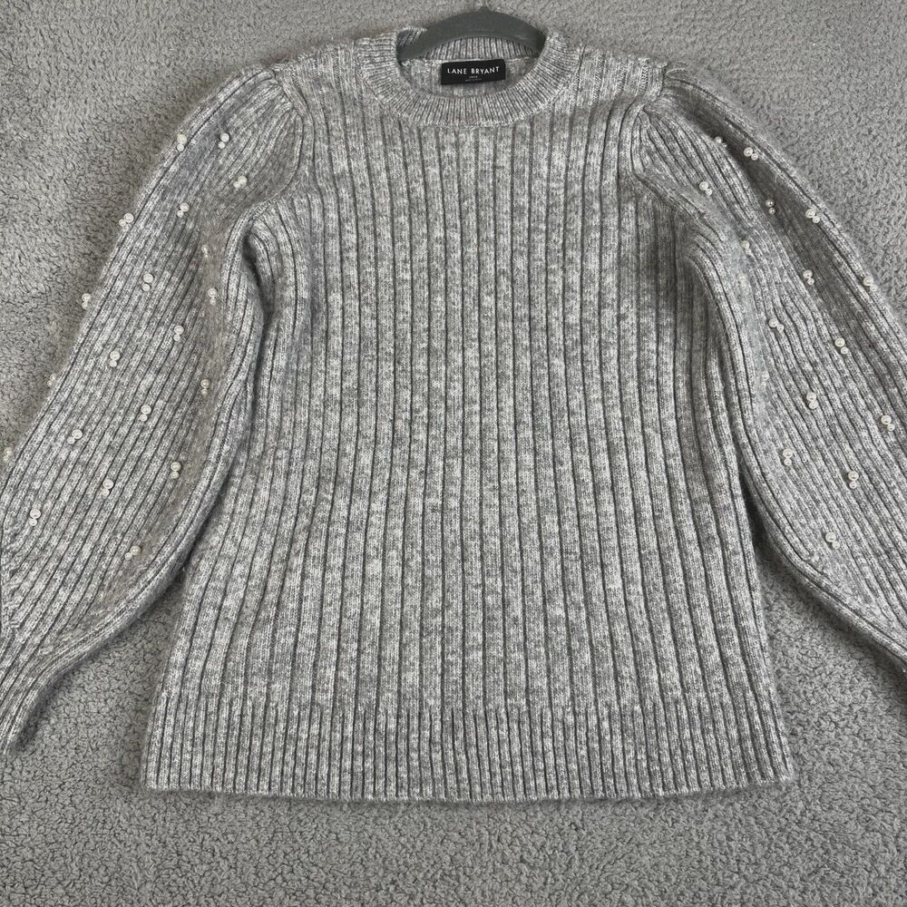 LANE BRYANT  Sweater Womens 14/16 Gray Knit Ribbed Long Sleeve Pearl Embellished